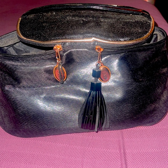 Sabon Cosmetic Case Shimmering Black Print and rustic tags and Tassle at zipper - Picture 4 of 5